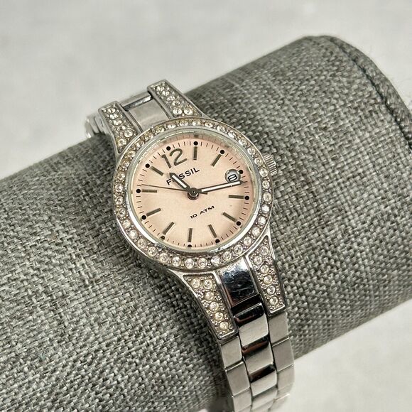 Fossil Accessories - Fossil Watch Womens 25mm Pave Bezel Date Silver Tone 6" Quartz New Battery